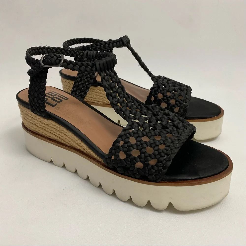 BIBI LOU Platform Sandals 7 - 7.5 / 38 Black Woven Ankle Strap Open Toe Wedge - Picture 1 of 16